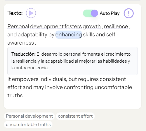 Letera reading excerpt with highlighted vocabulary and a Spanish translation